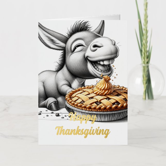 Cute Thanksgiving Donkey with Pie Foil Greeting Card (Front)