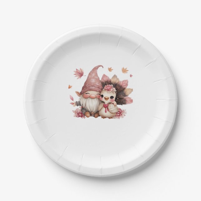 Cute Thanksgiving Gnome with Turkey Illustration C Paper Plate (Front)