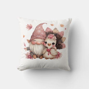 Cute Thanksgiving Gnome with Turkey Illustration C Throw Pillow