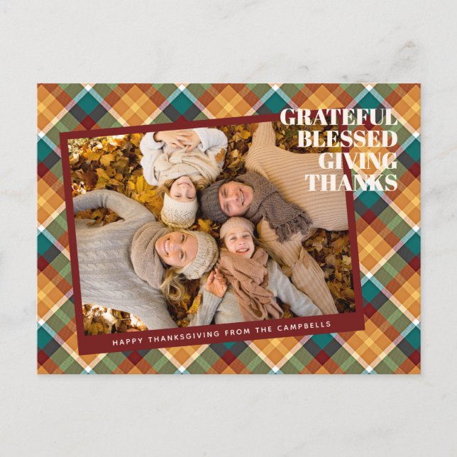 Cute Thanksgiving Greeting On Plaid Holiday Card (Front)