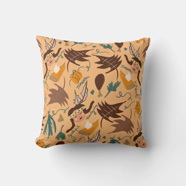 Cute Thanksgiving Pilgrim Fall Greenery Doodles Throw Pillow (Front)
