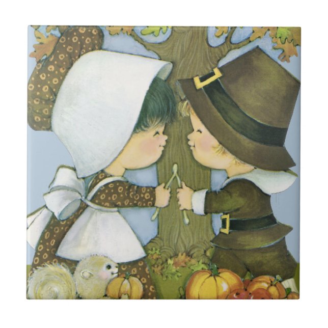 Cute Thanksgiving Pilgrim Wishes Tile (Front)