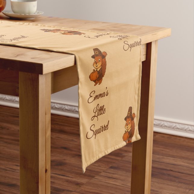 cute Thanksgiving Squirrel Pumpkin illustration Short Table Runner (In Situ)