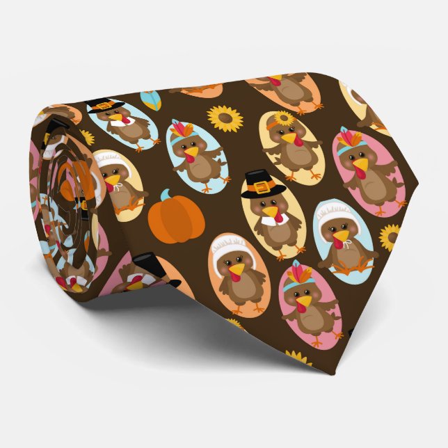 Cute Thanksgiving tiled turkey Holiday tie (Rolled)