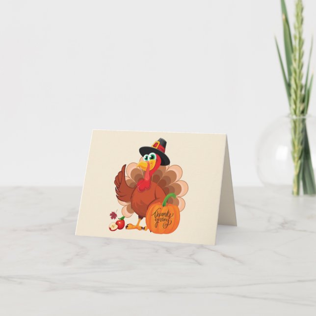 Cute Thanksgiving Turkey and Pumpkin Harvest  Thank You Card (Front)