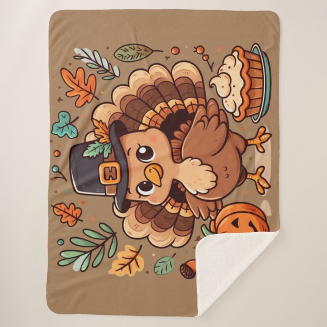 Cute Thanksgiving turkey and pumpkin Sherpa Blanket (Front)