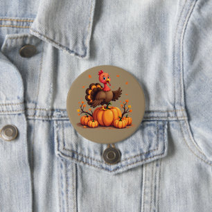Cute Thanksgiving Turkey Autumn Pumpkins Scene 3 Inch Round Button