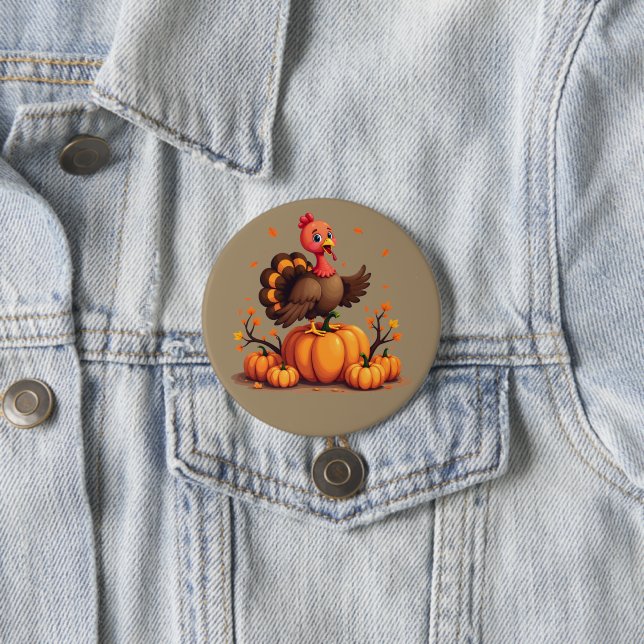Cute Thanksgiving Turkey Autumn Pumpkins Scene 3 Inch Round Button (In Situ)