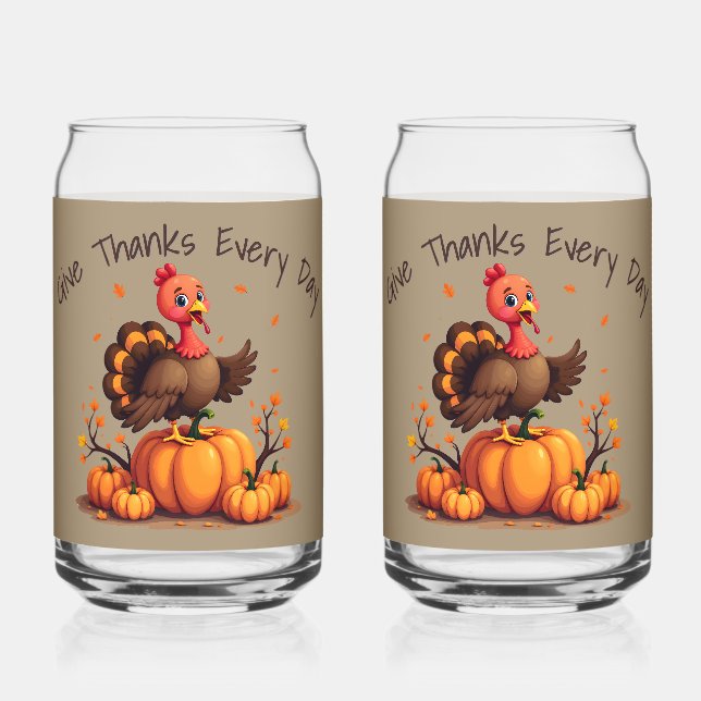 Cute Thanksgiving Turkey Autumn Pumpkins Scene Can Glass (Front)