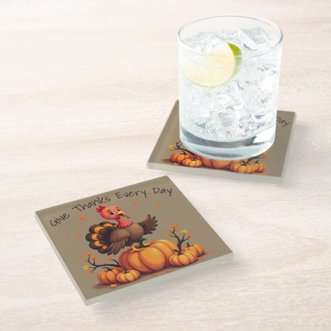 Cute Thanksgiving Turkey Autumn Pumpkins Scene Glass Coaster (Angled)