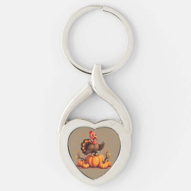Cute Thanksgiving Turkey Autumn Pumpkins Scene Keychain (Front)