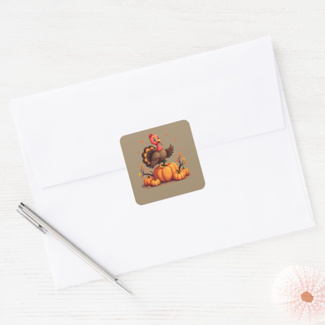 Cute Thanksgiving Turkey Autumn Pumpkins Scene Square Sticker (Envelope)