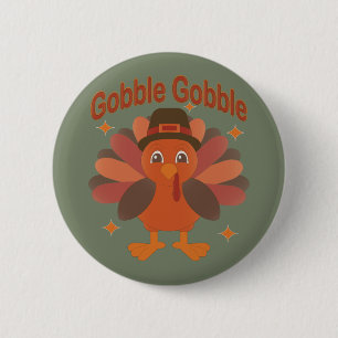 Cute Thanksgiving Turkey Cartoon – “Gobble Gobble” 2 Inch Round Button