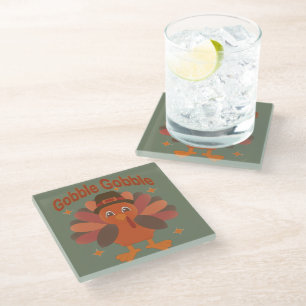 Cute Thanksgiving Turkey Cartoon – “Gobble Gobble” Glass Coaster