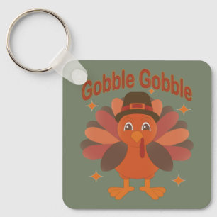 Cute Thanksgiving Turkey Cartoon – “Gobble Gobble” Keychain