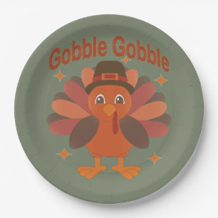 Cute Thanksgiving Turkey Cartoon – “Gobble Gobble” Paper Plate