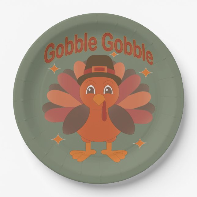 Cute Thanksgiving Turkey Cartoon – “Gobble Gobble” Paper Plate (Front)
