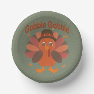 Cute Thanksgiving Turkey Cartoon – “Gobble Gobble” Paper Plate