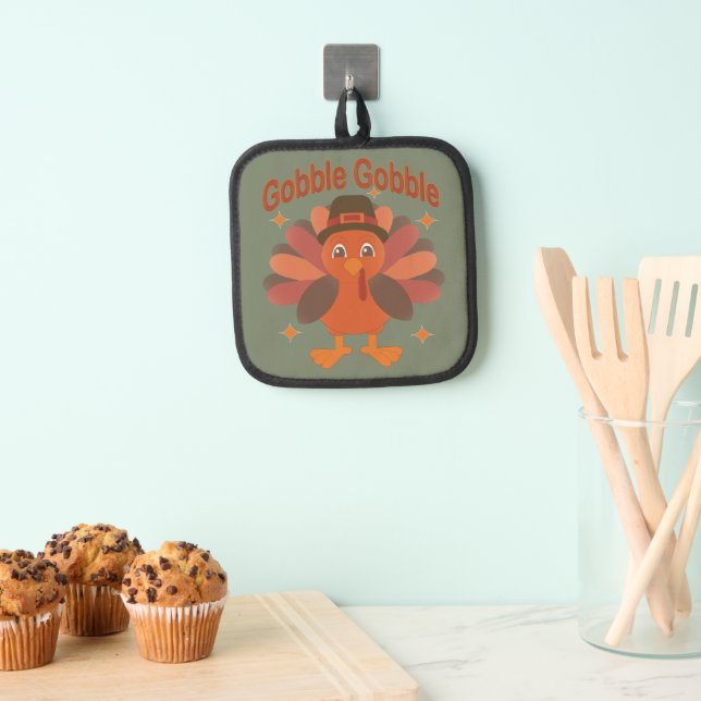 Cute Thanksgiving Turkey Cartoon – “Gobble Gobble” Pot Holder (Insitu(Hanging))