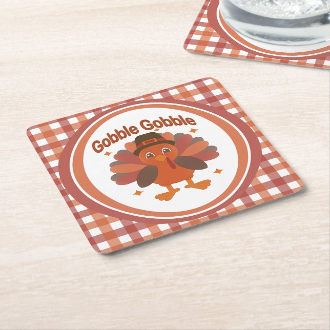Cute Thanksgiving Turkey Cartoon – “Gobble Gobble” Square Paper Coaster (Angled)