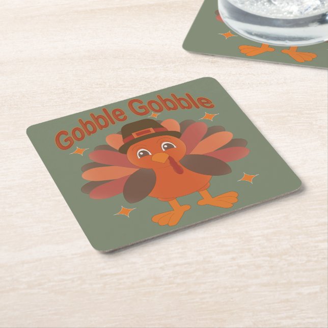 Cute Thanksgiving Turkey Cartoon – “Gobble Gobble” Square Paper Coaster (Angled)