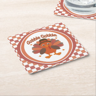 Cute Thanksgiving Turkey Cartoon – “Gobble Gobble” Square Paper Coaster
