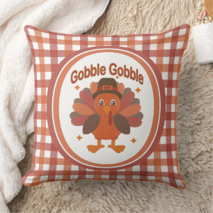Cute Thanksgiving Turkey Cartoon – “Gobble Gobble” Throw Pillow