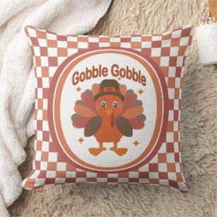 Cute Thanksgiving Turkey Cartoon – “Gobble Gobble” Throw Pillow