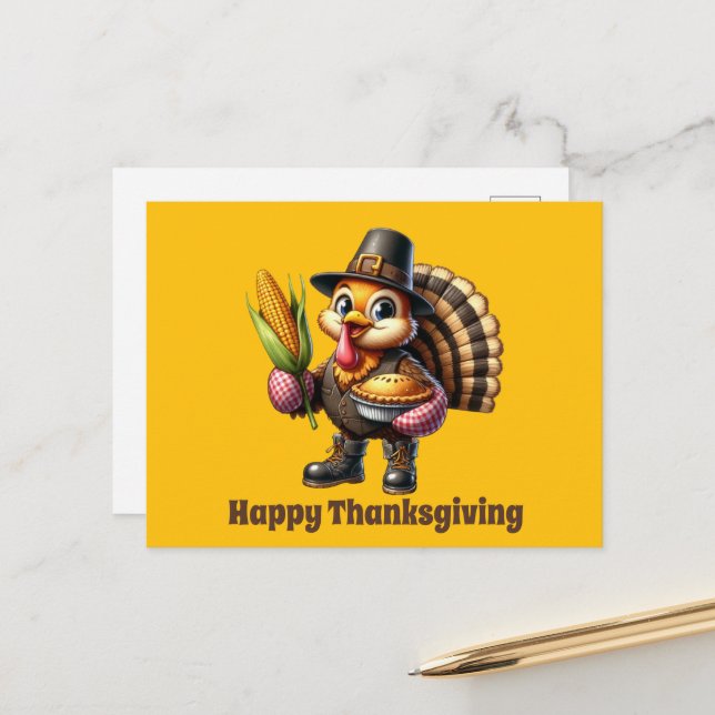 Cute Thanksgiving turkey customizable Holiday Postcard (Front/Back In Situ)