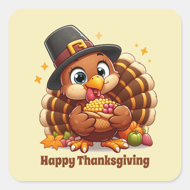 Cute Thanksgiving turkey customizable  Square Sticker (Front)
