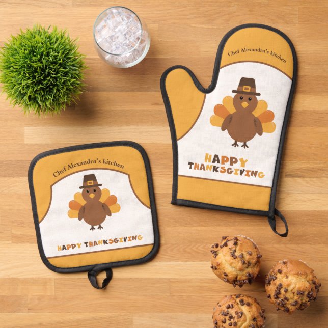 Cute Thanksgiving Turkey Holiday Cooking Gift Oven Mitt & Pot Holder Set (Top Down)
