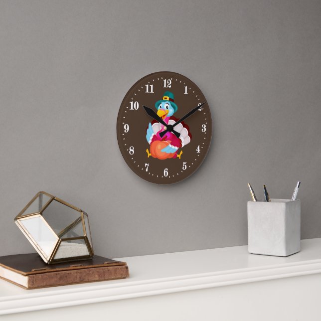 cute Thanksgiving turkey Holiday Round Clock (Office)