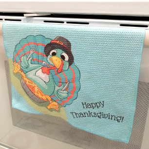 Cute Thanksgiving Turkey Pilgrim Pumpkin Pie Aqua Kitchen Towel