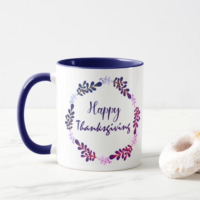 Cute Thanksgiving Typography with Circle Leaves Mug (With Donut)