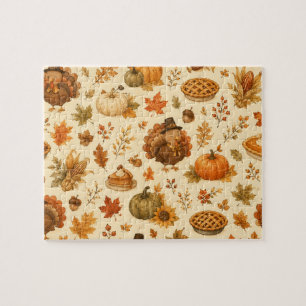 Cute Thanksgiving Watercolor Pattern with Turkeys Jigsaw Puzzle