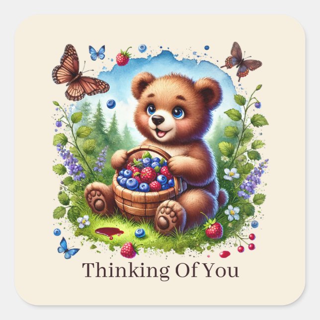 cute thinking of you bear customizable  square sticker (Front)