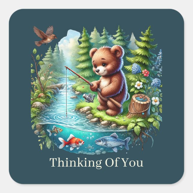cute thinking of you customizable bear square sticker (Front)