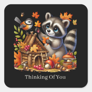 cute thinking of you customizable raccoon Fall Square Sticker