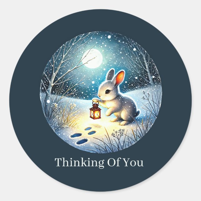 cute thinking of you customizable Winter rabbit Classic Round Sticker (Front)
