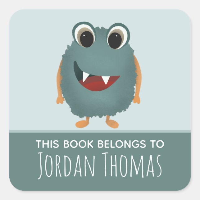 Cute 'This Book Belongs' Blue Monster Bookplate Square Sticker (Front)