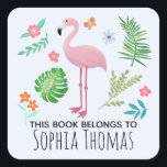 Cute 'This Book Belongs' Flamingo Kids Bookplate Square Sticker<br><div class="desc">This cute and whimsical kids bookplate sticker design features a unique pink tropical flamingo, with jungle plants, a butterfly, and flowers. The stickers can be personalized with your girls name, perfect for keeping your child's library books organized. You are also welcome to edit the text 'this book belongs to..' The...</div>