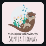 Cute 'This Book Belongs' Otter Name Kids Bookplate Square Sticker<br><div class="desc">These gorgeous kids bookplate 'this book belongs' stickers features a beautiful,  hand drawn otter cartoon with flowers and river-weed. This lovely design also features a place for you to add your girl's name. The perfect otter themed,  wildlife design for your little one's school supplies!</div>
