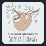 Cute 'This Book Belongs' Sloth Name Kids Bookplate Square Sticker<br><div class="desc">These gorgeous kids bookplate 'this book belongs' stickers features a beautiful,  hand drawn sleeping sloth doodle with flowers and leaves. This lovely design also features a place for you to add your girl's name. The perfect jungle themed,  wildlife design for your little one's school supplies!</div>
