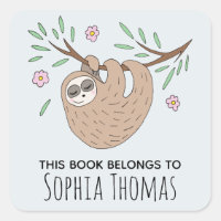Cute 'This Book Belongs' Sloth Name Kids Bookplate