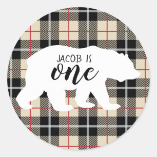 Cute Thompson Camel Plaid Bear 1st Birthday Party Classic Round Sticker