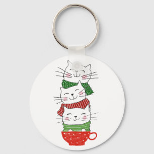 Cute Three Cats Stacked Cup Holiday Scarves Funny Keychain