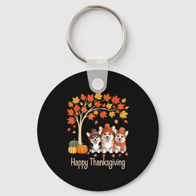 Cute Three Corgi Dogs Pumpkins Fall Tree Happy Tha Keychain (Front)