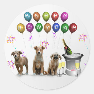 Cute Three Dogs Wishing Happy New Year 2016 Classic Round Sticker