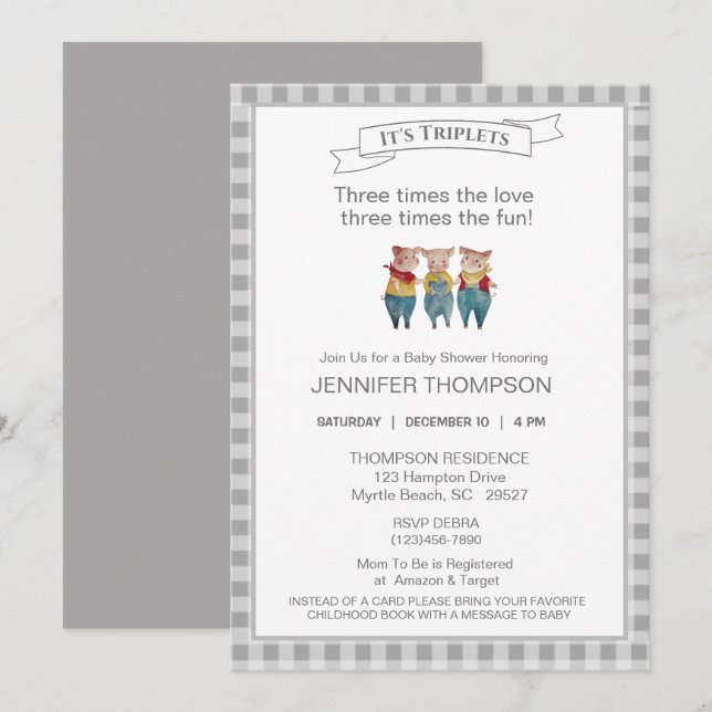 Cute Three Little Pigs Theme Blue Baby Shower   Invitation (Front/Back)