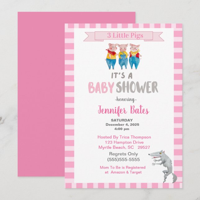 Cute Three Little Pigs Theme Pink Baby Shower     Invitation (Front/Back)